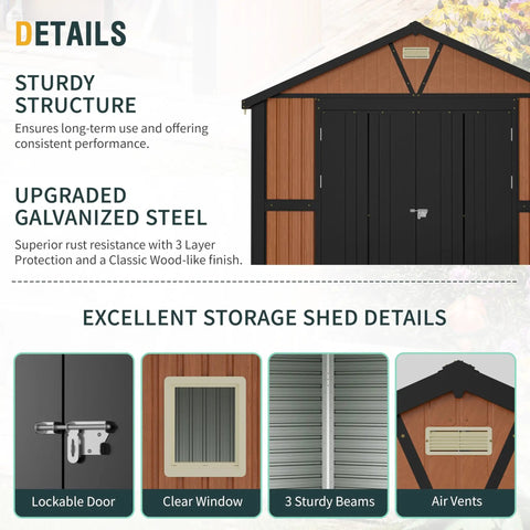 Details of Extra Large 10x12 Outdoor Storage Shed With Lockable Doors, Metal Construction, Two Windows, showing lock, window, beams, and vents.