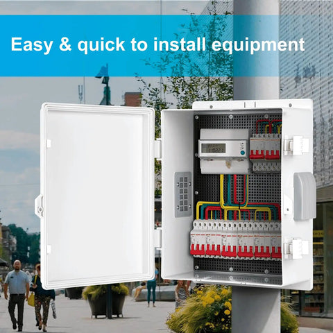 Open Outdoor Weatherproof Electrical Junction Box With ABS Enclosure, showing internal mounting panel and connected wiring, IP65 rated.