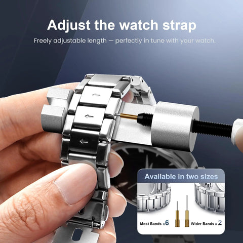 Using Watch Repair Tool Kit For Battery Replacement, Strap Adjustment, Link Pin Remover, Case Back Opener And Pry Knife With Hammer And Spring Bar Tools