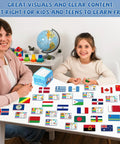Teacher and student using World Geography Flags And Capitals Flashcards 201 Laminated Country Cards on table with globe and toys