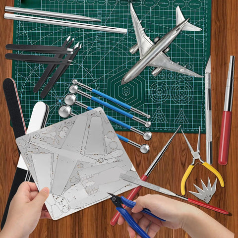 23 Piece Metal Puzzle Tool Kit for Model Building with pliers, tweezers, bending tools, file, pen knife, metal template
