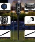 Diagram showing Solar Torch Lights For Garden Decor 8 Pack 12 LED Flickering Flame Outdoor Pathway Lights details like size and materials.