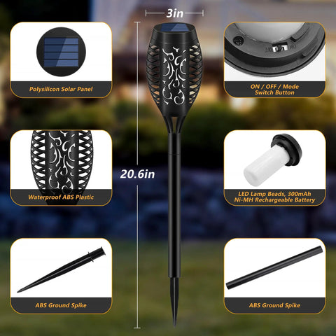 Diagram showing Solar Torch Lights For Garden Decor 8 Pack 12 LED Flickering Flame Outdoor Pathway Lights details like size and materials.