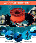 Red 98ft Diving Finger Reel With Line and Snap for Scuba Wreck Diving, shown underwater with multiple diving applications
