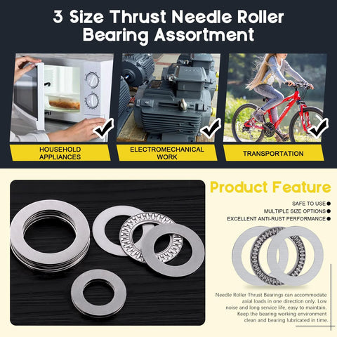 Thrust needle roller bearing set with washers, chromium steel, 24 pcs in 3 sizes for automotive, pump and machine tools.