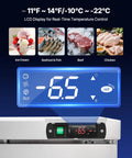 LCD display showing temperature control of Tough 72 Inch Wide Commercial Undercounter Freezer With Triple Locking Doors And Smooth Rolling Casters.