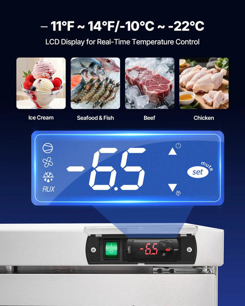 LCD display showing temperature control of Tough 72 Inch Wide Commercial Undercounter Freezer With Triple Locking Doors And Smooth Rolling Casters.