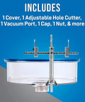 Adjustable Round Hole Cutter With Vacuum Port Nine Inch Diameter For Ceilings Walls And Floors shown with accessories.