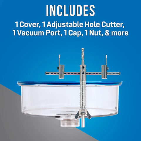 Adjustable Round Hole Cutter With Vacuum Port Nine Inch Diameter For Ceilings Walls And Floors shown with accessories.