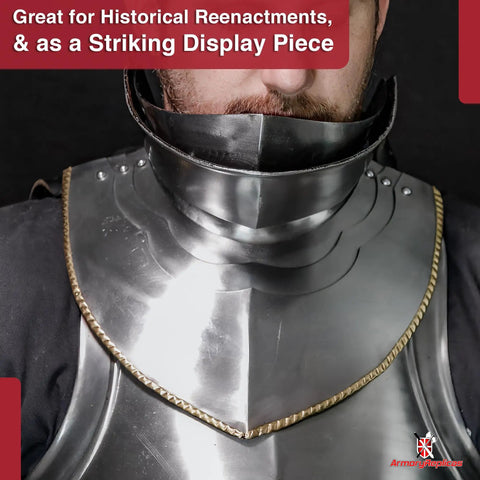 Medieval Gothic Bevor Neck Armor in Silver, 16 gauge mild steel for face and chest protection, perfect for reenactments and LARP