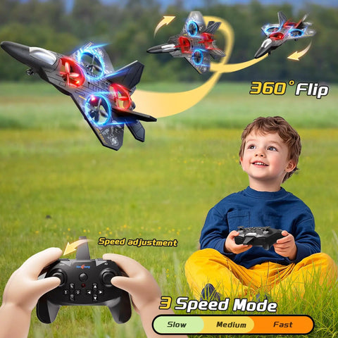 Child playing with foam remote control drone for kids ages 8 to 12 with lights, 360 degree flips, easy outdoor flying toy.