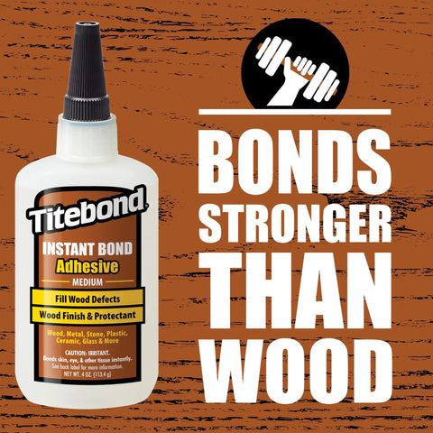 Instant Bond Medium CA Glue For Wood And Crafts - Quick-Set Cyanoacrylate Adhesive bottle with label, 4 oz, on wooden background