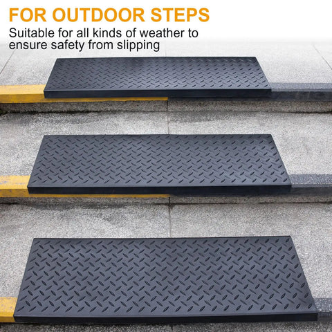 Non Slip Rubber Stair Treads 29.69 X 9.85 Inches 5 Pack For Outdoor Use Universal Fit For Wooden Steps With Nosing Also Works On Concrete Marble Tile And Metal Stairs Heavy Duty Black, shown on outdoor stairs.