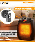 Wide compatibility of Must Have FD4 Dump Switch For Outdoor Patio Heaters And Thermoelectric Gas Heaters Replacement Part 16A 125V AC 20A T125 Broad Compatibility With Garden Treasures And Home Depot Models Easy Install And Durable Safety Switch with close-up of safety switch component and glowing heater.