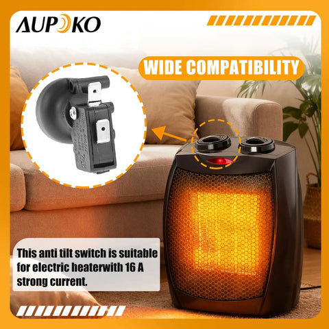 Wide compatibility of Must Have FD4 Dump Switch For Outdoor Patio Heaters And Thermoelectric Gas Heaters Replacement Part 16A 125V AC 20A T125 Broad Compatibility With Garden Treasures And Home Depot Models Easy Install And Durable Safety Switch with close-up of safety switch component and glowing heater.