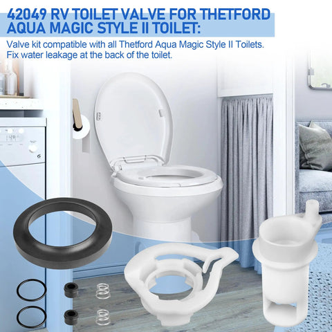 RV Water Valve Replacement Kit 42049 Style II For Aqua Magic Style II Toilets, ABS Plastic Construction, Prevents Leaks At Back Of Toilet, Easy Install, Durable Upgrade For Your RV Toilet, shown with seals and valve parts