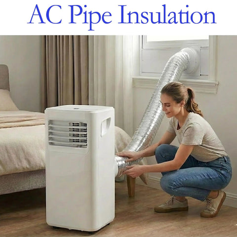 Woman installing AC duct with Self Adhesive Double Bubble Foil Insulation Tape 6 Inch By 26 Foot Reflective Roll For Outdoor Pipes HVAC Ducts Attics Windows Garages Energy Efficiency