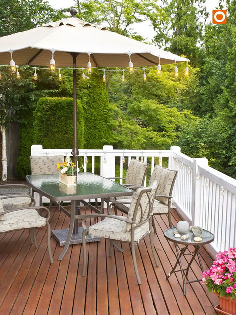 Outdoor string lights weatherproof 96Ft two 48Ft strands with Edison vintage bulbs hanging under patio umbrella on wooden deck