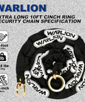 Heavy Duty Security Chain For Motorcycles ATVs Ebikes And Generators, Built To Last Ten Foot By Three Eighths Inch Thick And Tough As Nails Anti Theft Lock With Cinch Ring, Cut Resistant Chain For Two Wheelers displayed in black with product specifications