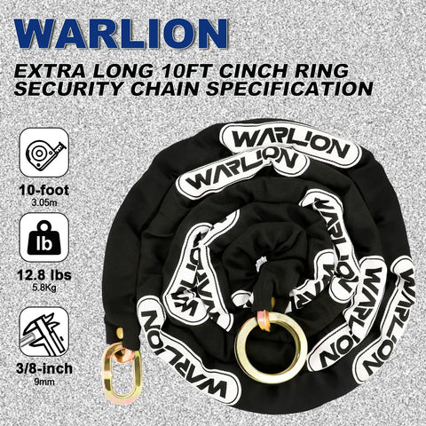 Heavy Duty Security Chain For Motorcycles ATVs Ebikes And Generators, Built To Last Ten Foot By Three Eighths Inch Thick And Tough As Nails Anti Theft Lock With Cinch Ring, Cut Resistant Chain For Two Wheelers displayed in black with product specifications