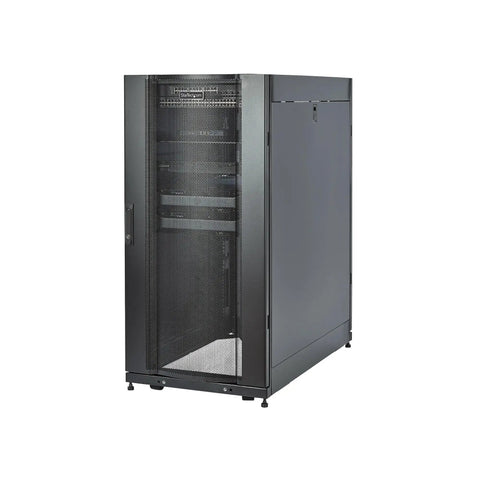 Solid As A Rock 25U Server Rack Cabinet With Spacious 37 Inch Depth featuring black steel mesh for network gear storage.
