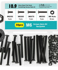Heavy Duty M6 Countersunk Bolts And Hex Socket Cap Screws Kit, 50 Piece Assortment With Hex Nuts, 10.9 Alloy Steel Black Oxide Coating in storage box.