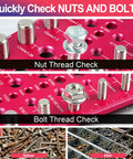 51 In 1 Bolt Size Finder And Thread Checker For Metric And SAE Includes 32 Metric And 32 SAE Nut And Bolt Gauges 19 Drill Bit Checker CNC Machined Aluminum Screw Size Chart Go No Go ANSI Standard Non Slip Base close-up showing threaded nuts and bolts on tool surface.