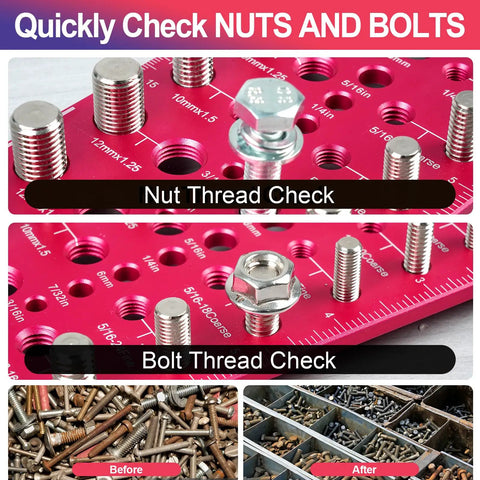 51 In 1 Bolt Size Finder And Thread Checker For Metric And SAE Includes 32 Metric And 32 SAE Nut And Bolt Gauges 19 Drill Bit Checker CNC Machined Aluminum Screw Size Chart Go No Go ANSI Standard Non Slip Base close-up showing threaded nuts and bolts on tool surface.