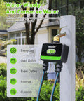 WiFi Garden Hose Timer With Brass Inlet Dual Zone Smart Sprinkler Controller installed on outdoor faucet