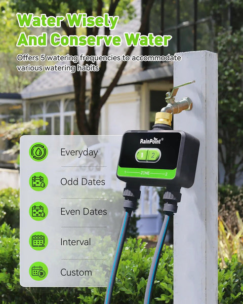 WiFi Garden Hose Timer With Brass Inlet Dual Zone Smart Sprinkler Controller installed on outdoor faucet