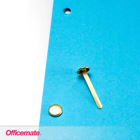 Score Some Top Shelf Brass Plated Paper Fasteners Boasting Razor Sharp Tips And Rock Solid Shanks That Slide Through Stacks Effortlessly A One Hundred Piece Box handles blue paper with brass fastener.