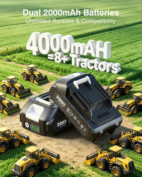 Cordless 12000 PSI Electric Grease Gun Kit with Dual Batteries shown with tractors in a field.