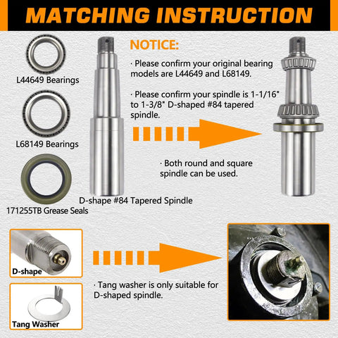 Matching instructions for trailer axle hub bearings kit for 3500 lbs 1 3/8 to 1 1/16 inch D-style tapered spindles