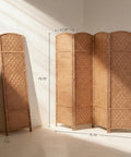 Four-Panel 6-Foot Tall Room Divider Freestanding Privacy Screen With Hand-Woven Paper Rope Diamond-Weave Natural Finish in folded and open positions.