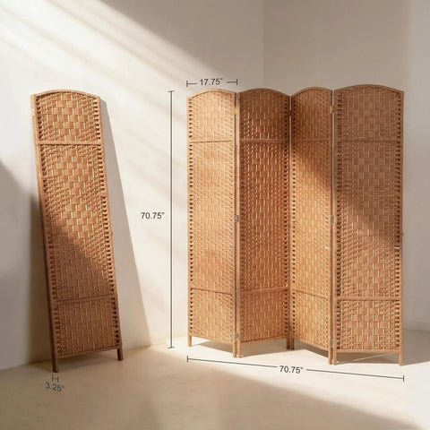 Four-Panel 6-Foot Tall Room Divider Freestanding Privacy Screen With Hand-Woven Paper Rope Diamond-Weave Natural Finish in folded and open positions.