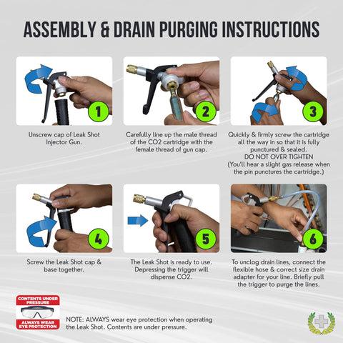 Assembly and drain purging instructions for CO2 Powered AC Drain Line Cleaner Tool and Leak Sealer Injector.