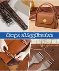 Collage showing applications of All In One Leather Punch Kit With 52 Shape Punch Cutters, including belts, handbags, and straps.