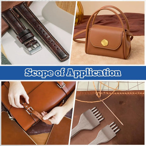 Collage showing applications of All In One Leather Punch Kit With 52 Shape Punch Cutters, including belts, handbags, and straps.
