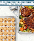 Heavy Duty Aluminum Baking Sheet Pan Set 26 By 18 Inches 6 Pack with cookies and roasted meat and vegetables, commercial quality