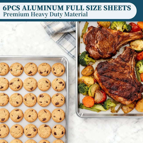 Heavy Duty Aluminum Baking Sheet Pan Set 26 By 18 Inches 6 Pack with cookies and roasted meat and vegetables, commercial quality