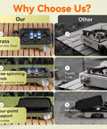 Comparison of two-burner propane camping stoves with features, focusing on brass stainless steel vs. cheap paint and plastic knob.
