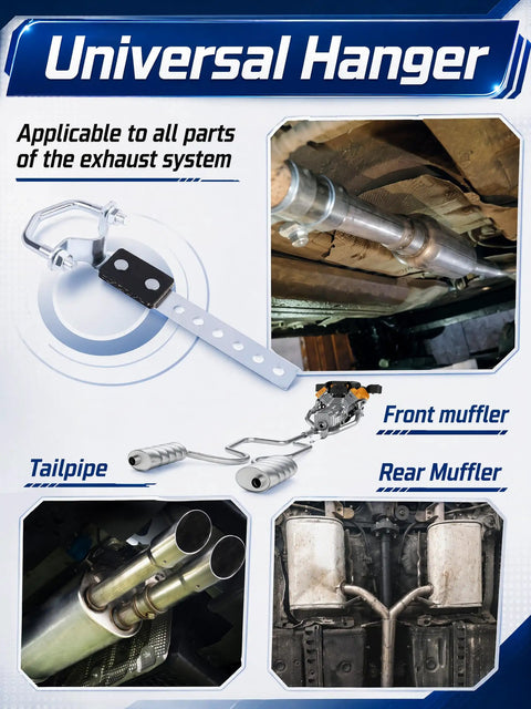 Beefy Heavy Duty Universal Exhaust Hanger Kit with heat resistant rubber pads shown with car exhaust system installation.