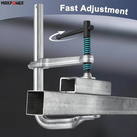 8 Inch F Clamp 2 Pack For Welding With Four And Three Quarters Inch Throat Depth Light Duty Clamps Forged Steel Body Delivers 550kg Clamping Pressure Ideal For DIY Shop Projects And Steel Work showing fast adjustment feature