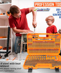 Man using 258 Piece Ultimate Screwdriver Bit Set With Chrome Vanadium Bits Security Bits Nut Drivers Extensions And Bit Holder Includes Case For Home DIY And Professional Use with child.