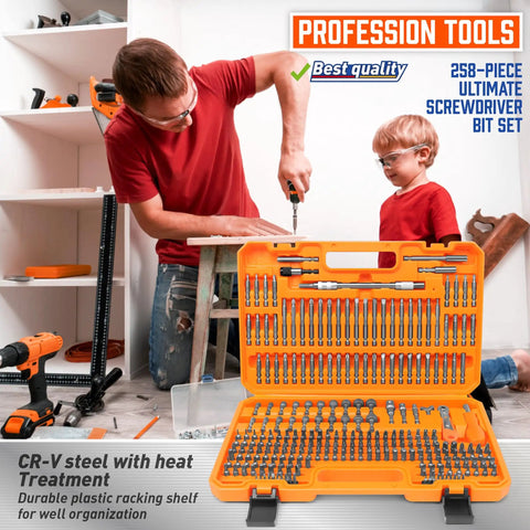 Man using 258 Piece Ultimate Screwdriver Bit Set With Chrome Vanadium Bits Security Bits Nut Drivers Extensions And Bit Holder Includes Case For Home DIY And Professional Use with child.