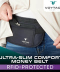 Person wearing black RFID Blocking Travel Money Belt And Passport Holder, Slim Wallet Fanny Pack For Men And Women.