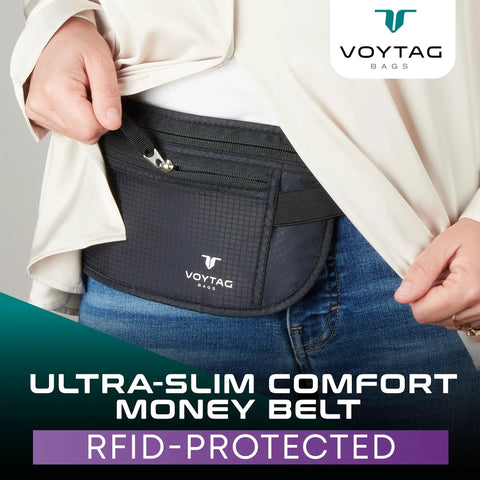 Person wearing black RFID Blocking Travel Money Belt And Passport Holder, Slim Wallet Fanny Pack For Men And Women.