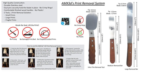 Three stainless steel removal tools from AMX3D's print removal system with wooden handles and measurements, featuring the Pro Grade 3D Printer Tool Kit With Every Tool You Need To Remove Clean And Finish 3D Prints No Fluff All In One Post Processing Set For Fast Clean And Pro Level Results.