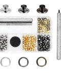 All-In-One One-Eighth Inch Metal Grommets And Eyelets Kit with tools and 200 sets in a case, including rivets and tools for DIY projects.