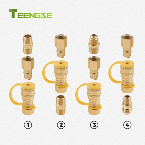 Three Eighths Inch Natural Gas Quick Connect Fittings Kit For Propane Grills And Patio Heaters with brass fittings and yellow caps